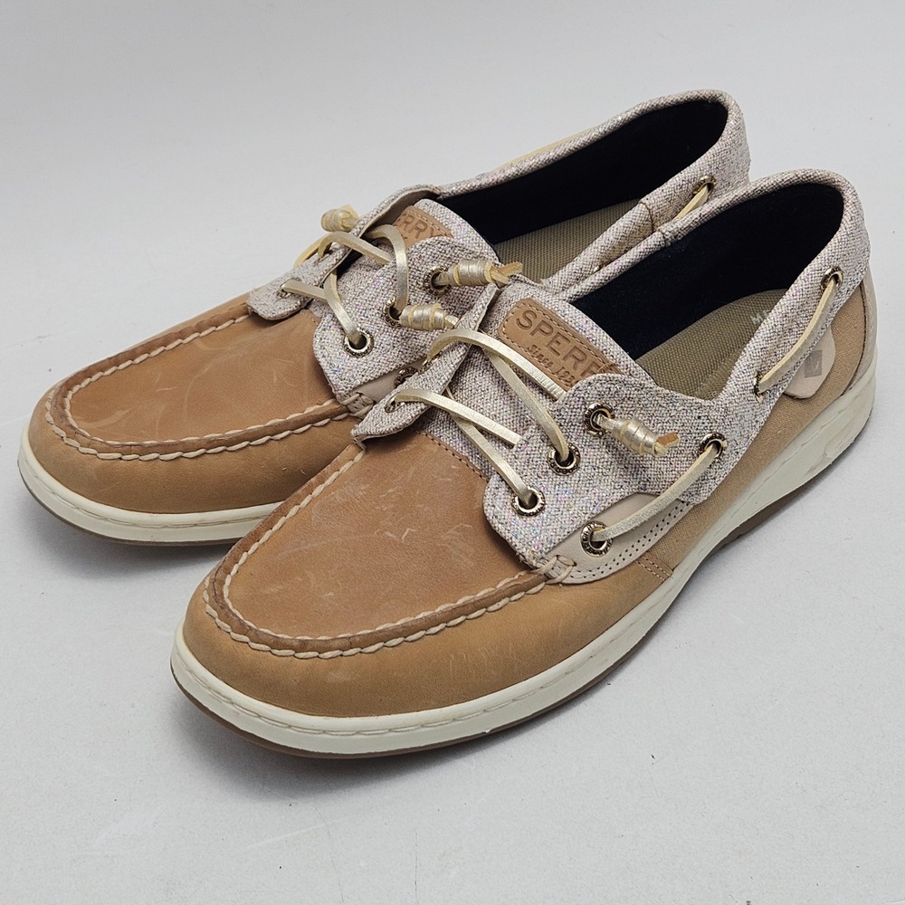 Sperry Womens Tan Leather Canvas Metallic Boat Shoes STS83339 Size 9.5